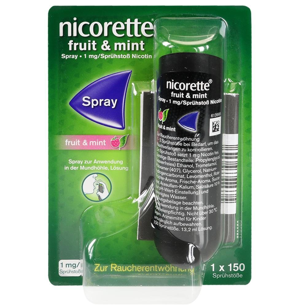 Ein gr&uuml;nes Nicorette-Frucht- und Minzspray zur Raucherentw&ouml;hnung.