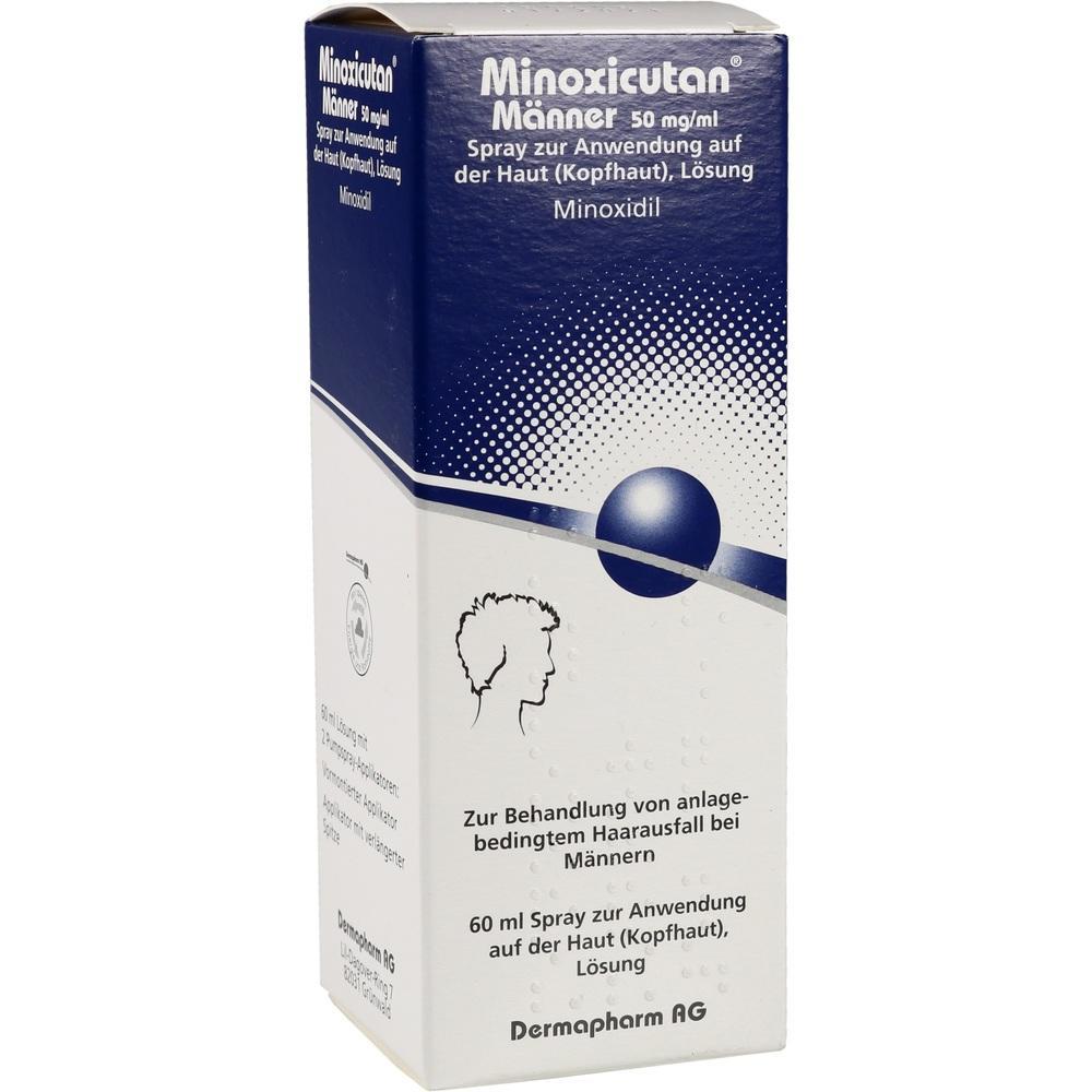 Eine blaue und wei&szlig;e Verpackung f&uuml;r ein Mittel gegen Haarausfall bei M&auml;nnern.