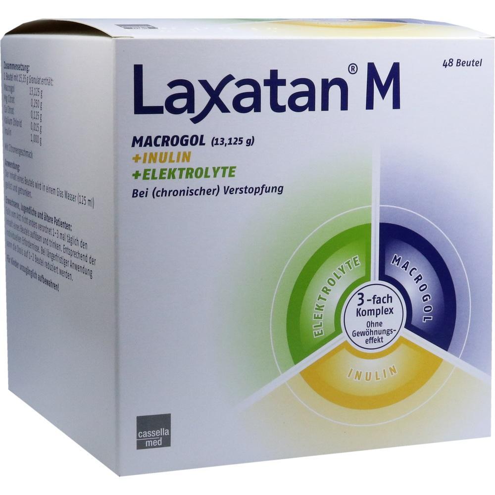 Wei&szlig;e Verpackung von Laxatan M, einem Mittel gegen Verstopfung.