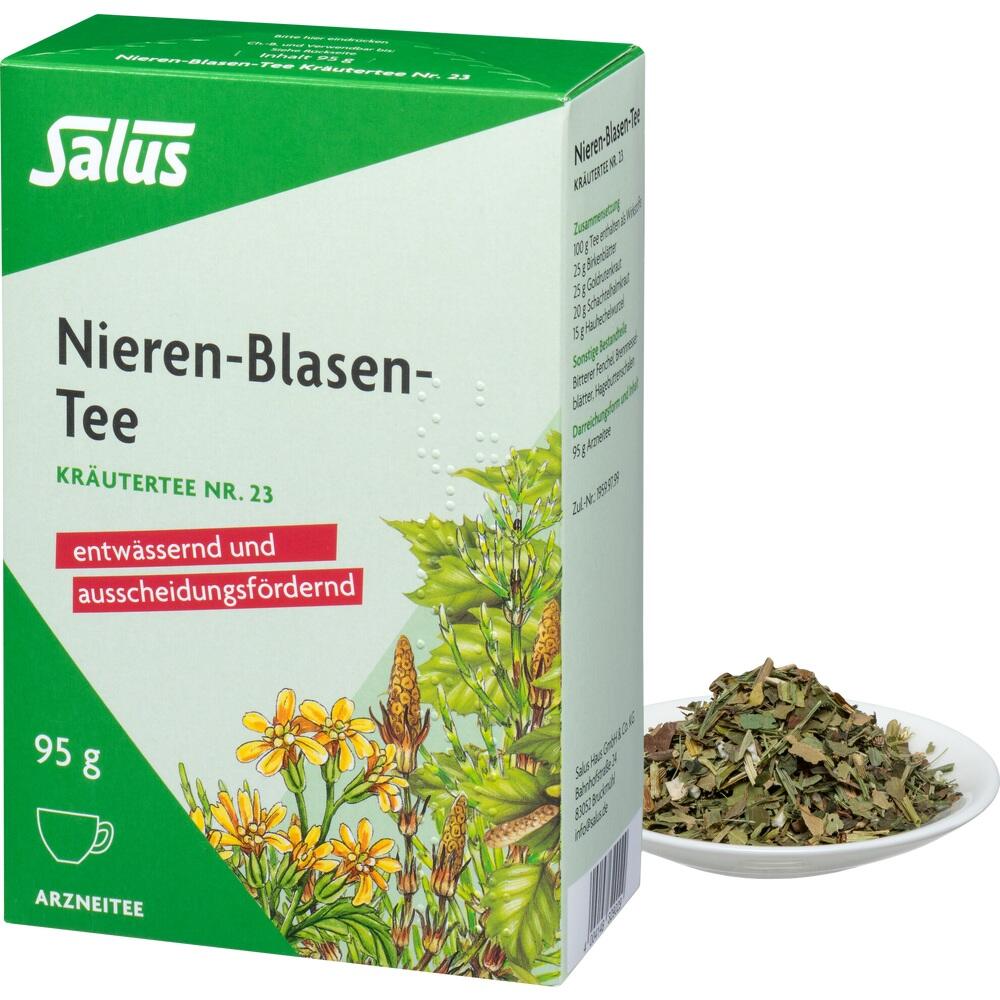 Packung Nieren-Blasen-Tee mit Kr&auml;utern auf kleinem Teller daneben.