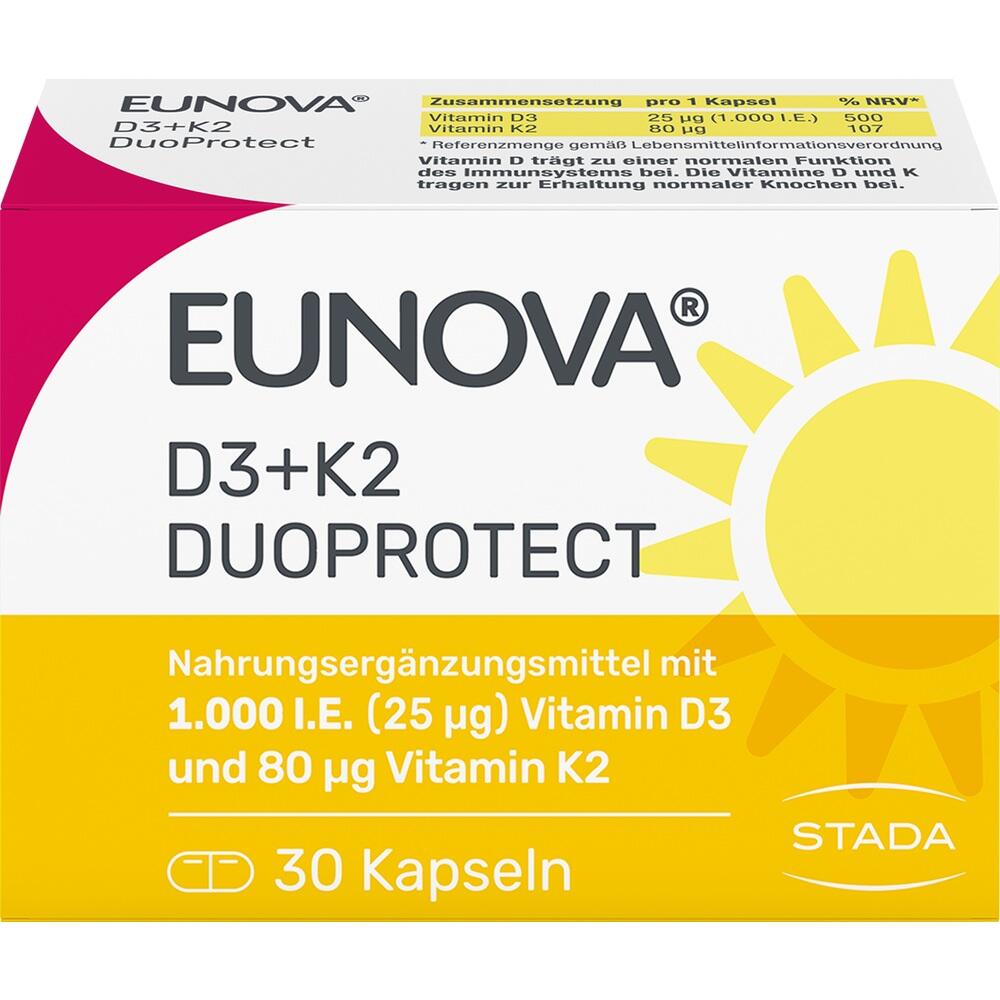 Wei&szlig;e Verpackung mit Vitamin D3 und K2 Kapseln von EUNOVA, gelbes Sonnensymbol.