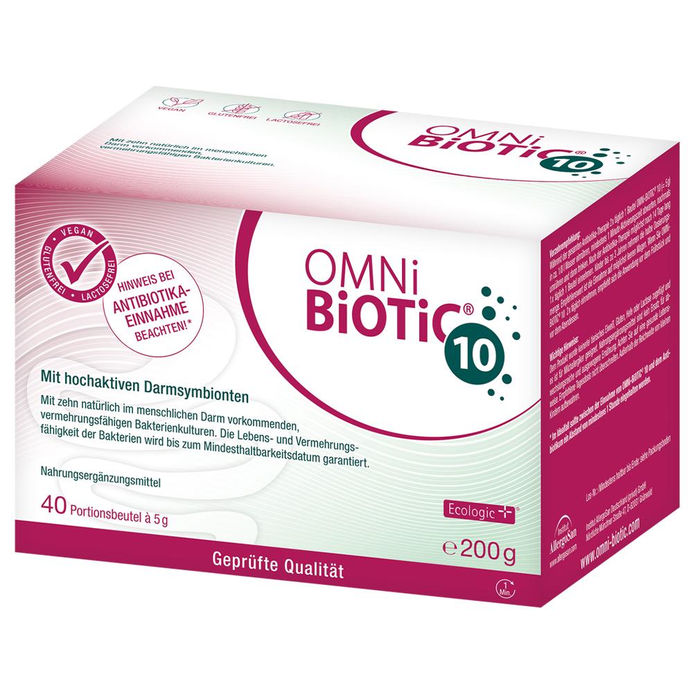 Eine Packung OMNi-BiOTiC 10 mit 40 Beuteln f&uuml;r die Darmgesundheit.