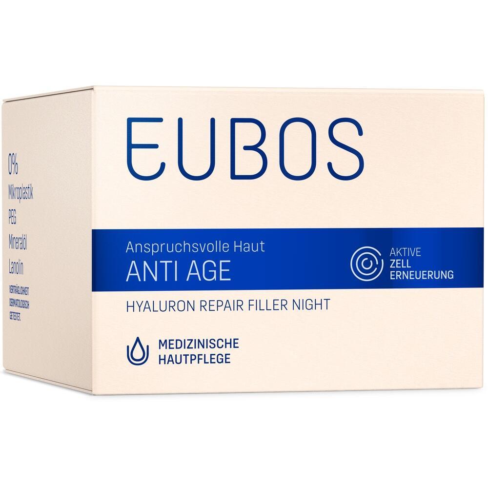 Eine Eubos Anti-Aging-Nachtcreme-Schachtel mit blauer Aufschrift.