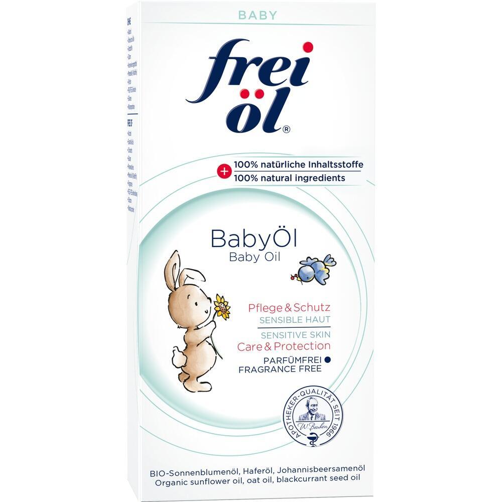 Eine Packung "frei &ouml;l" Baby&ouml;l mit einem Hasenmotiv und Inhaltsangaben.