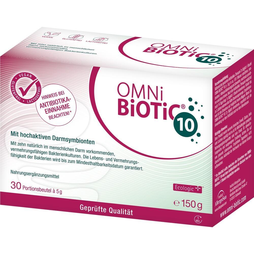 Eine Packung Omni Biotic 10 mit 30 Portionsbeuteln f&uuml;r die Darmsymbiose.