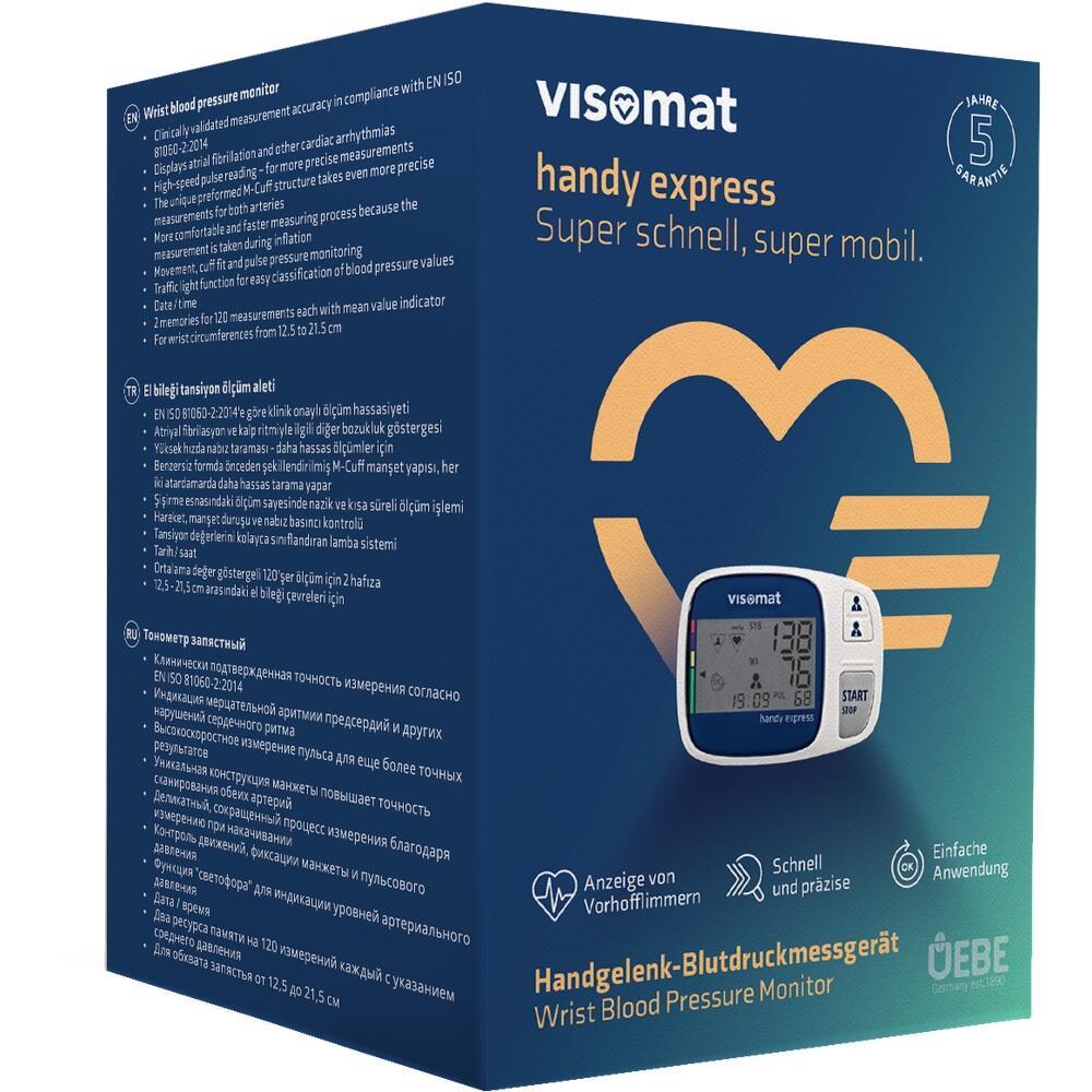 Eine blaue Verpackung mit einem Handgelenk-Blutdruckmessger&auml;t und einem Herzsymbol.