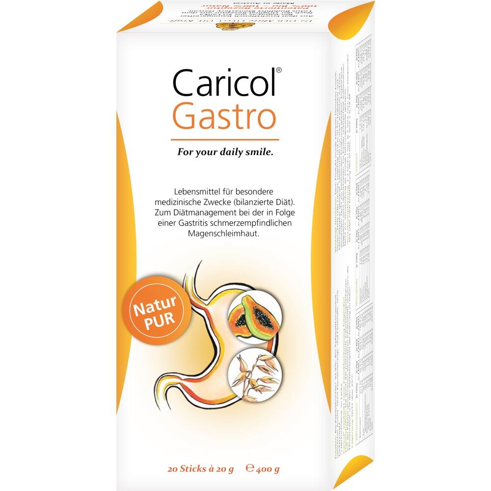 Wei&szlig;e Verpackung von Caricol Gastro mit Papaya-Bild und Text zu medizinischem Zweck.