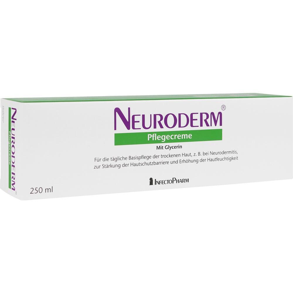 Wei&szlig;e Verpackung einer Neuroderm Pflegecreme mit lila und gr&uuml;ner Schrift.