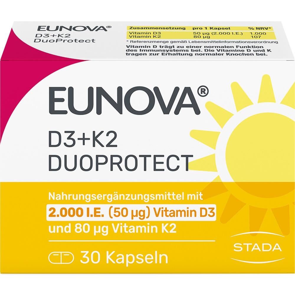 Eine Packung Vitamin D3 und K2 Nahrungserg&auml;nzung, Marke EUNOVA, mit 30 Kapseln.