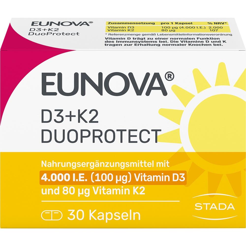 Verpackung von Nahrungserg&auml;nzungsmittel EUNOVA D3+K2 mit 30 Kapseln.