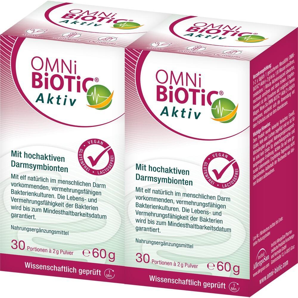 Zwei Packungen Omni Biotic Aktiv Nahrungserg&auml;nzungsmittel mit Darmbakterien.