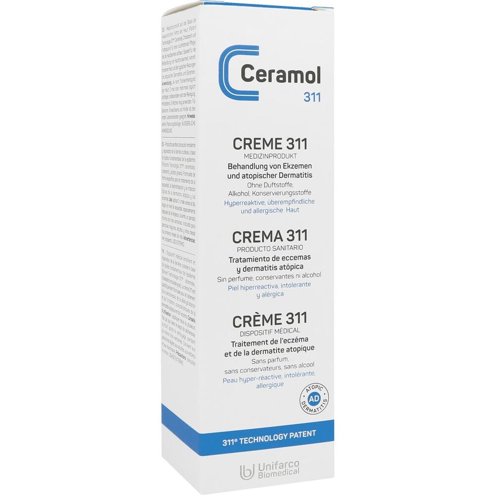 Eine wei&szlig;e Packung mit der Aufschrift "Ceramol 311 Creme" f&uuml;r empfindliche Haut.