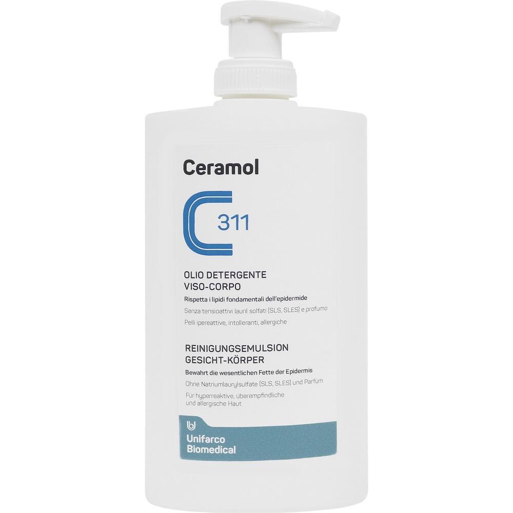 Eine wei&szlig;e Pumpflasche mit Reinigungsemulsion f&uuml;r Gesicht und K&ouml;rper.