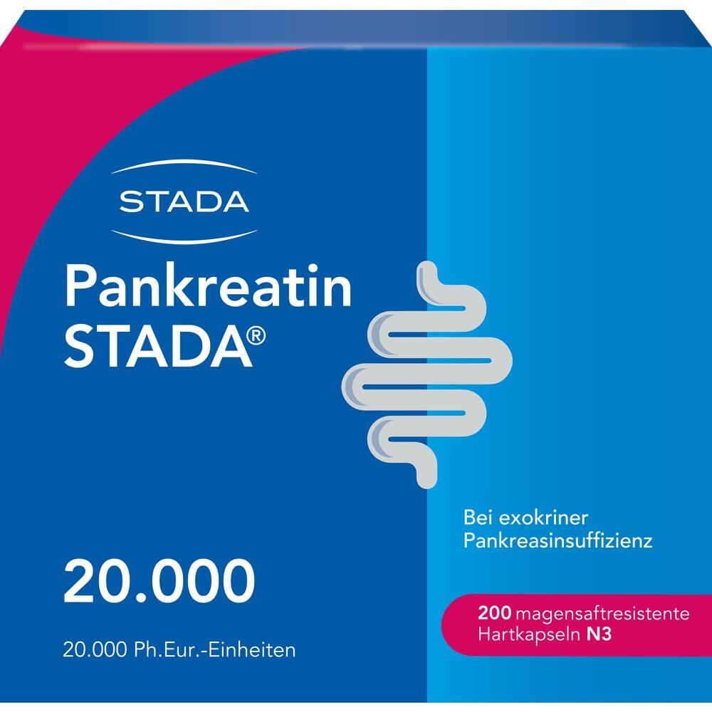 Blaue Verpackung von Pankreatin STADA mit 200 magensaftresistenten Hartkapseln.