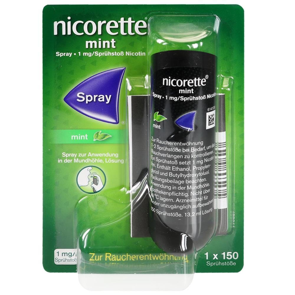 Gr&uuml;nes Nicorette-Mundspray zur Raucherentw&ouml;hnung mit Minzgeschmack in Plastikverpackung.