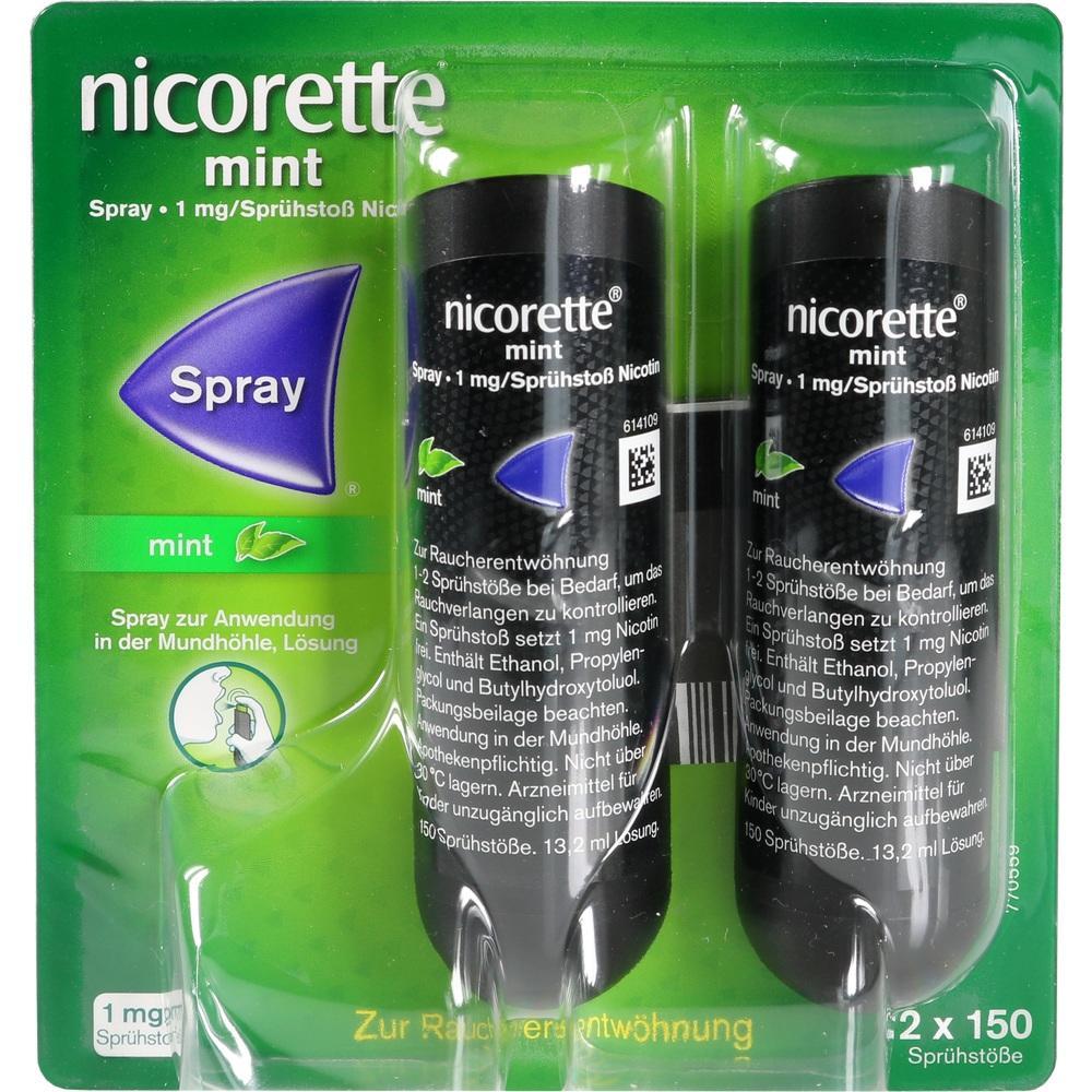 Zwei Spr&uuml;hflaschen "nicorette mint" zur Raucherentw&ouml;hnung sind in einer gr&uuml;nen Verpackung.