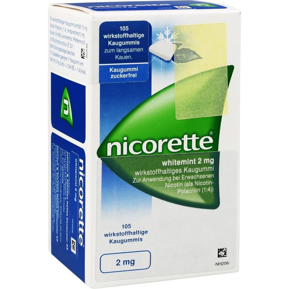Wei&szlig;e Verpackung von Nicorette-Kaugummis mit 2 mg Nikotin zur Raucherentw&ouml;hnung.