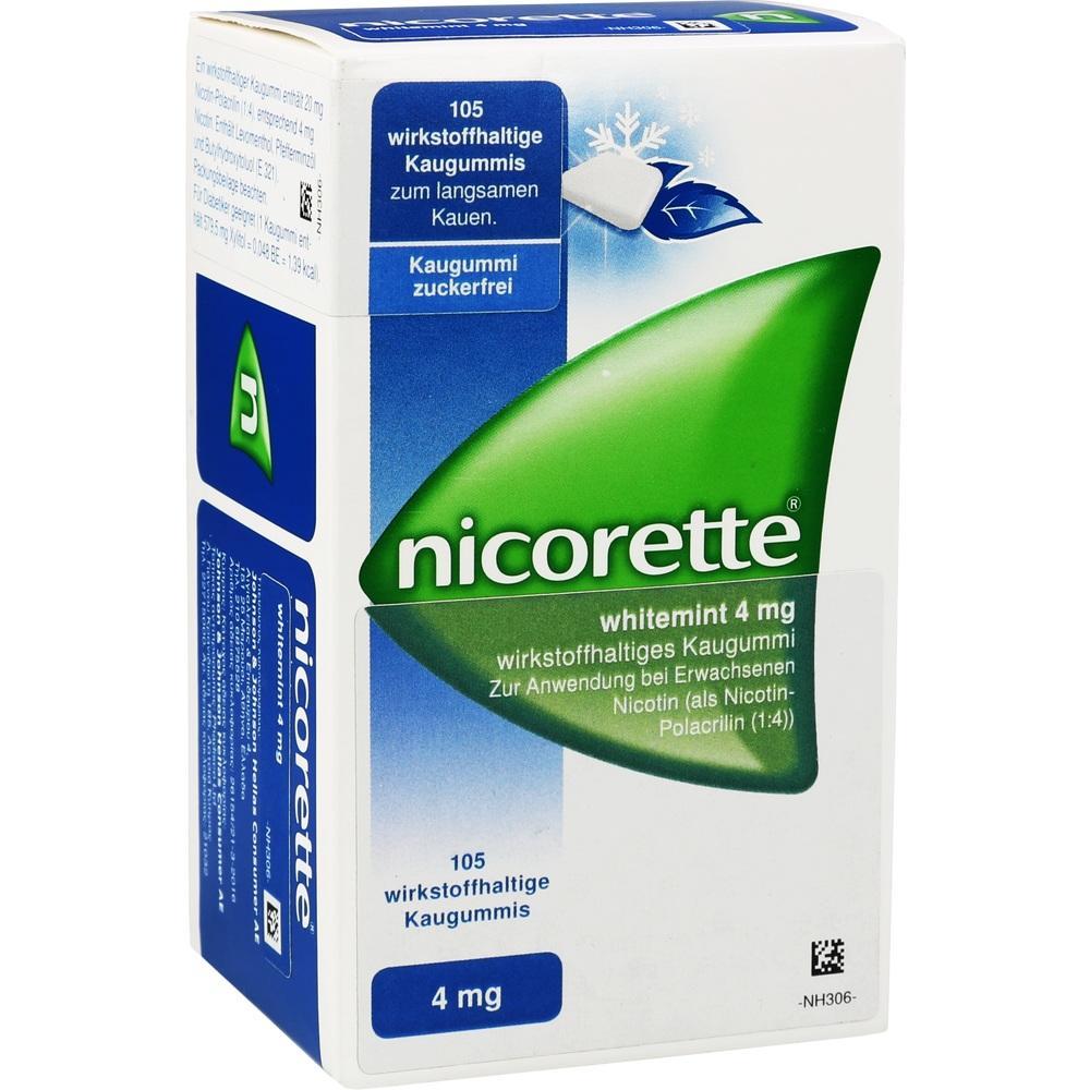 Packung Nikotinkaugummis von Nicorette mit 4 mg Whitemint-Geschmack.
