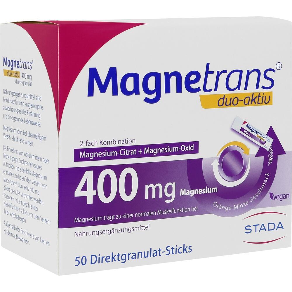 Wei&szlig;e und lila Verpackung von Magnesium-Granulat mit 400 mg Inhalt.
