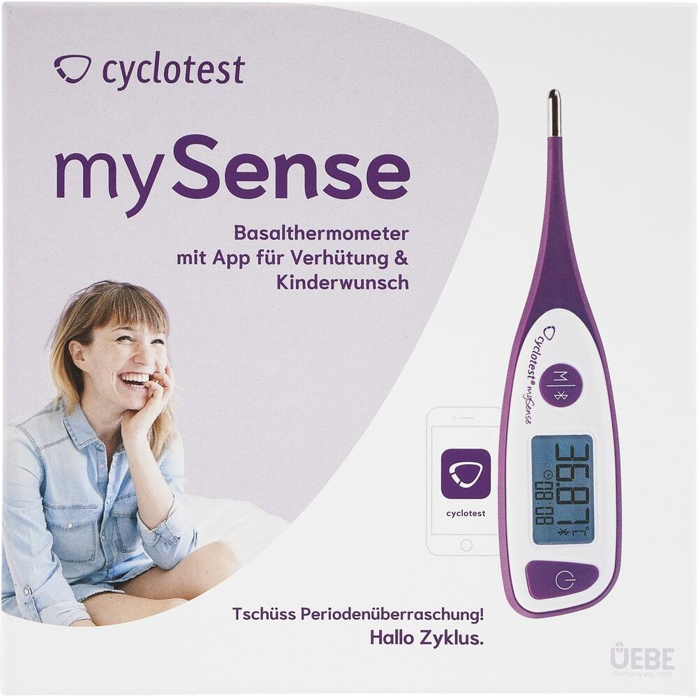 L&auml;chelnde Frau neben einem violetten Basalthermometer auf einer Verpackung.