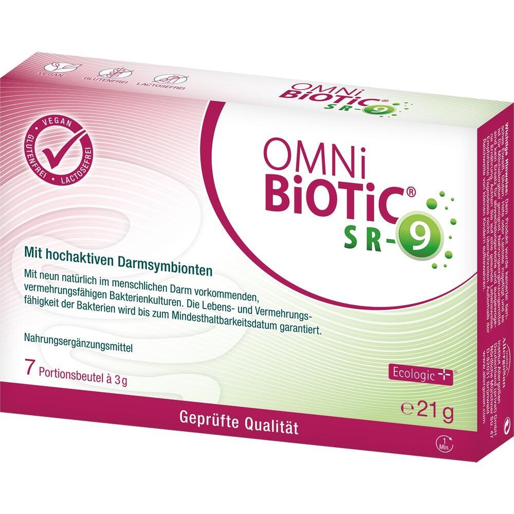 Verpackung von OMNi-BiOTiC SR-9, ein veganes Nahrungserg&auml;nzungsmittel, 7 Beutel.