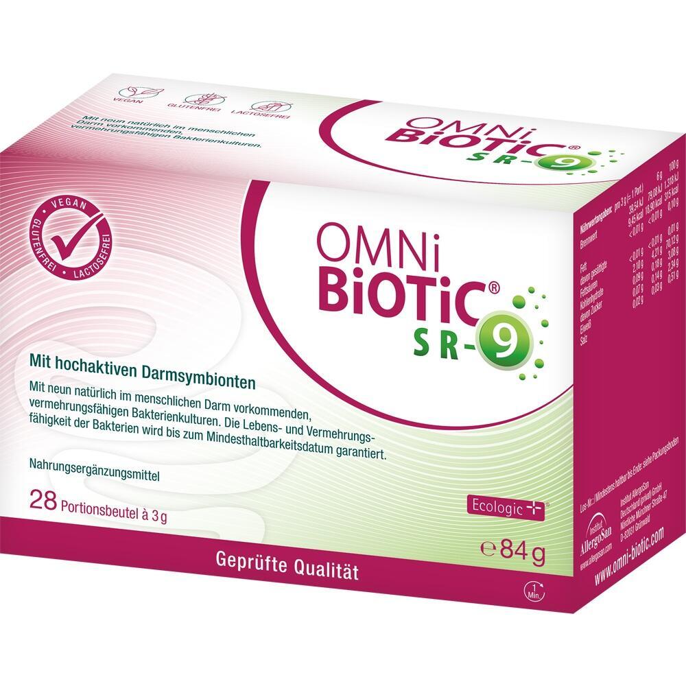 Wei&szlig;e und rote Verpackung von "OMNi-BiOTiC SR-9" mit Angaben zu Darmgesundheit.