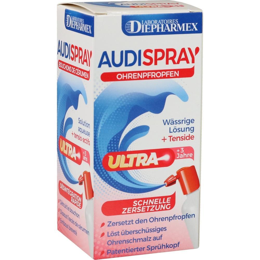 Eine Schachtel Audispray Ohrenspray für die Auflösung von Ohrenschmalz.