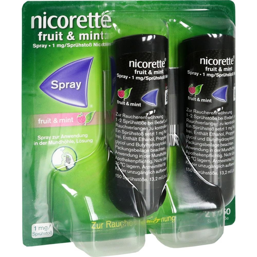 Zwei Flaschen Nicorette Spray in einer gr&uuml;nen Verpackung.