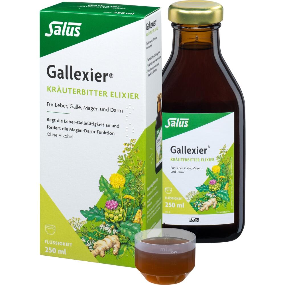 Eine Flasche Gallexier Kr&auml;uterbitter-Elixier mit Umverpackung.