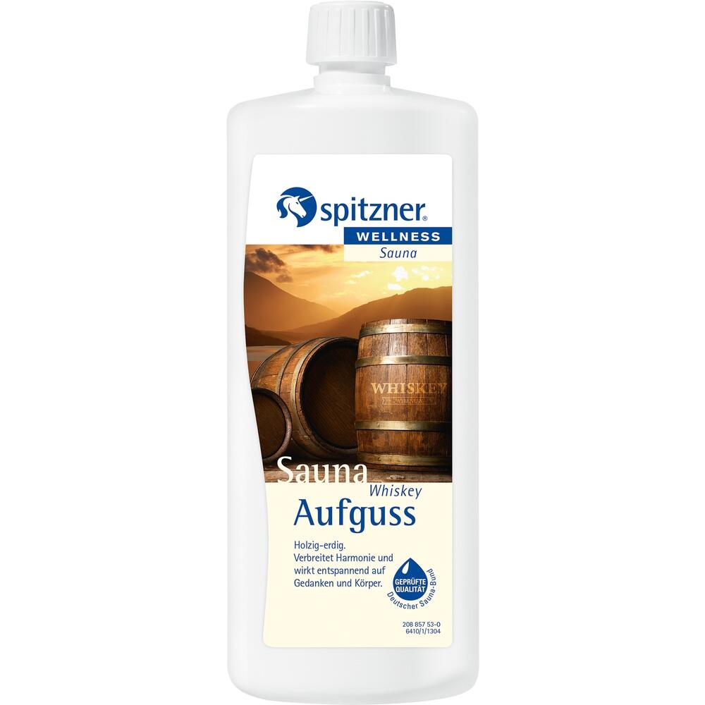 Wei&szlig;e Flasche mit Aufschrift "Sauna-Whiskey-Aufguss" und Bild von Holzf&auml;ssern.