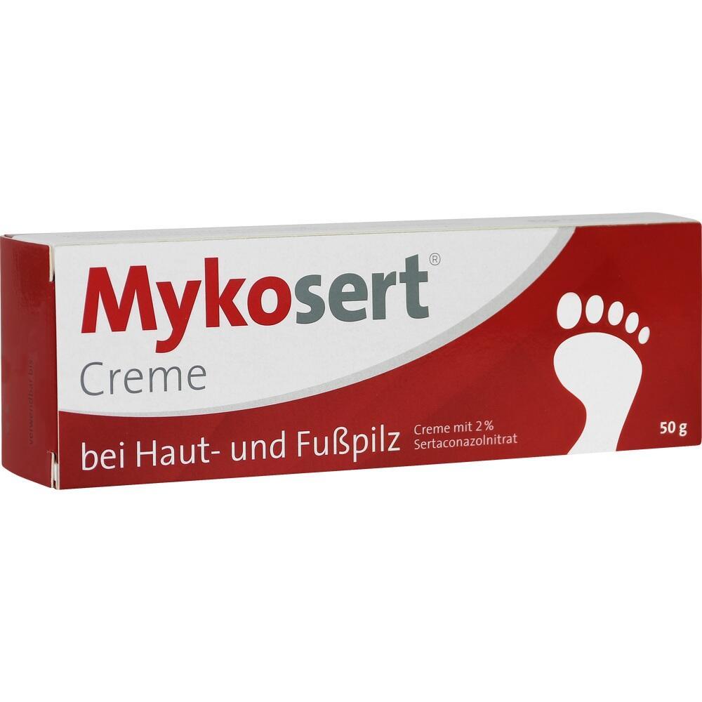 Eine rote Box von Mykosert Creme gegen Haut- und Fu&szlig;pilz.