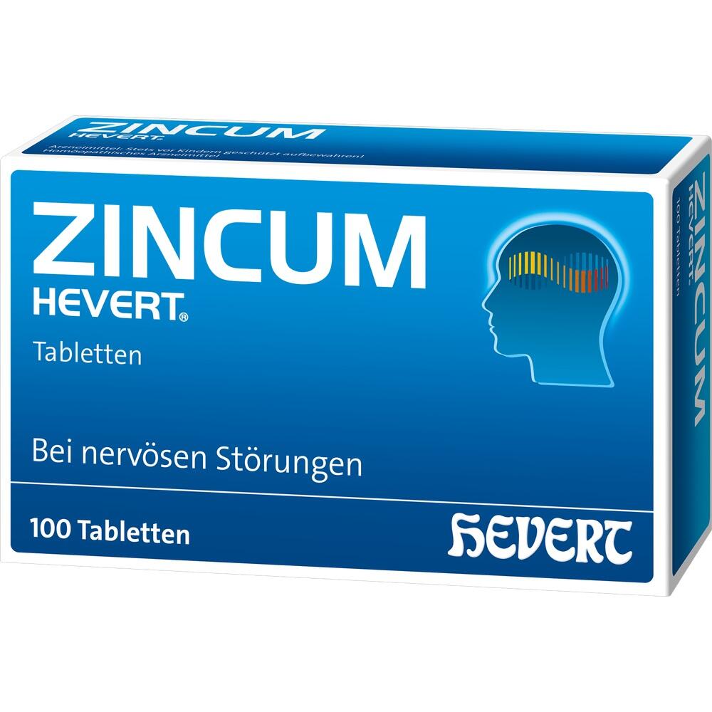 Blaue Packung mit Tabletten gegen nerv&ouml;se St&ouml;rungen, Marke &bdquo;Zincum Hevert&ldquo;.