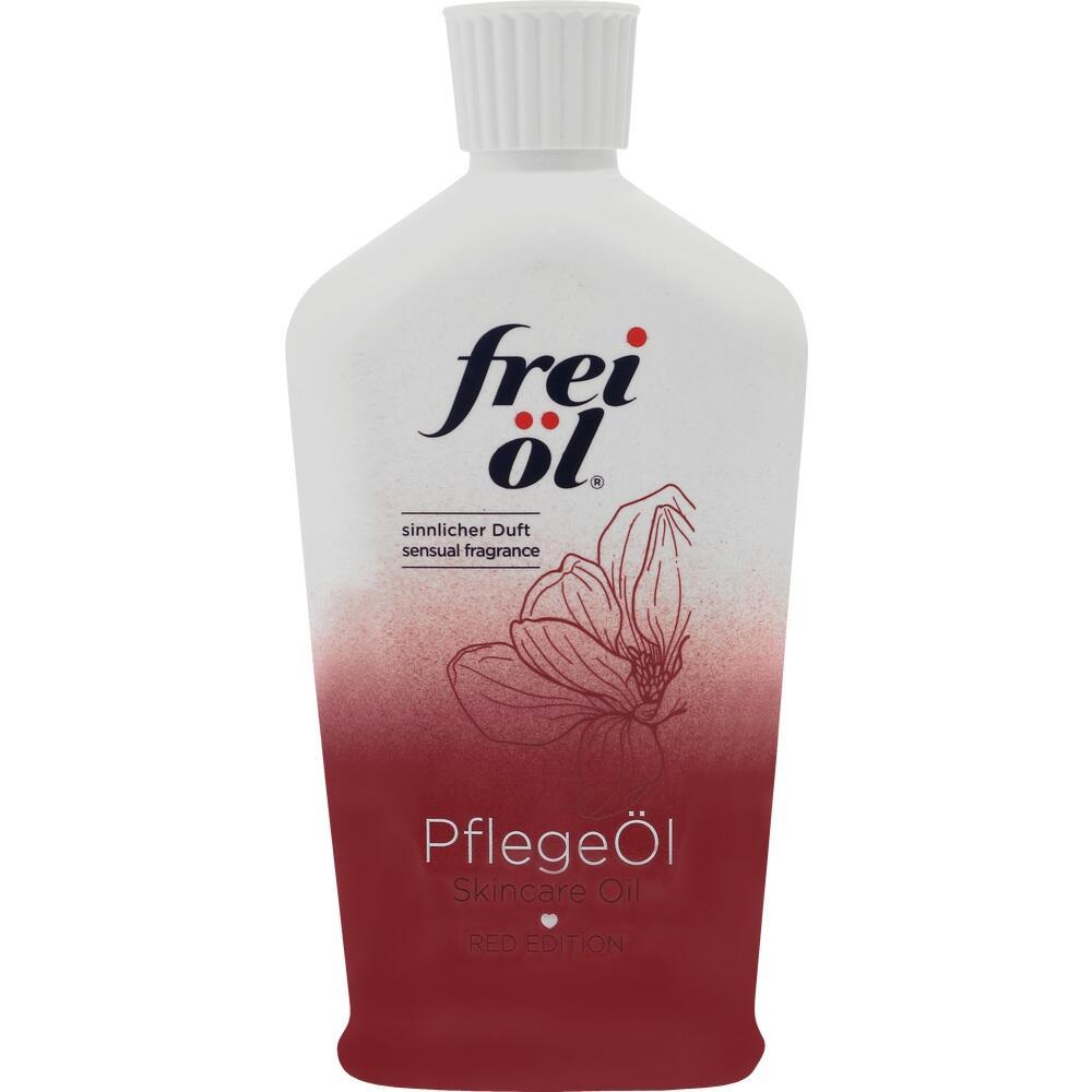 Flasche mit rotem und wei&szlig;em Design und der Aufschrift "Pflege&Ouml;l".