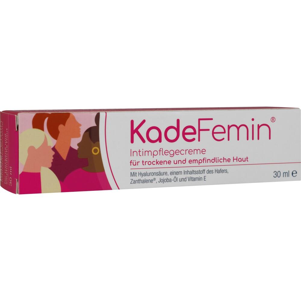 Eine rosa und wei&szlig;e Schachtel mit KadeFemin Intimpflegecreme f&uuml;r empfindliche Haut.