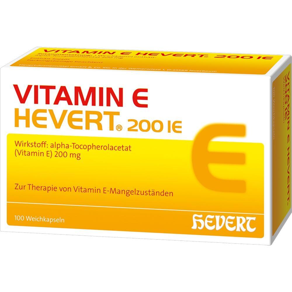 Eine Packung Vitamin E Kapseln von Hevert mit 200 mg Wirkstoff.
