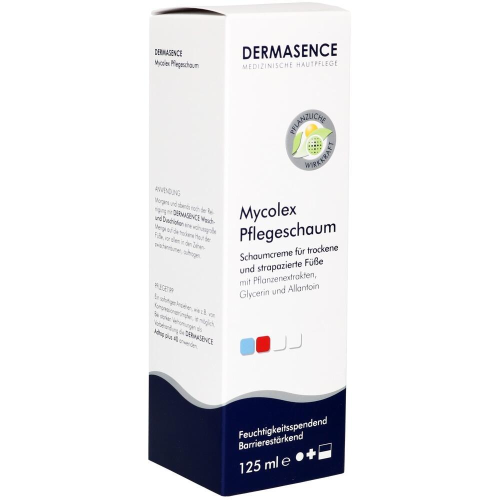 Wei&szlig;e Schachtel mit Mycolex Pflegeschaum f&uuml;r trockene F&uuml;&szlig;e steht aufrecht.