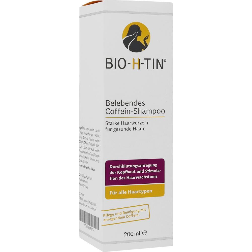 Wei&szlig;e Shampoo-Verpackung mit der Aufschrift "Belebendes Coffein-Shampoo f&uuml;r alle Haartypen".