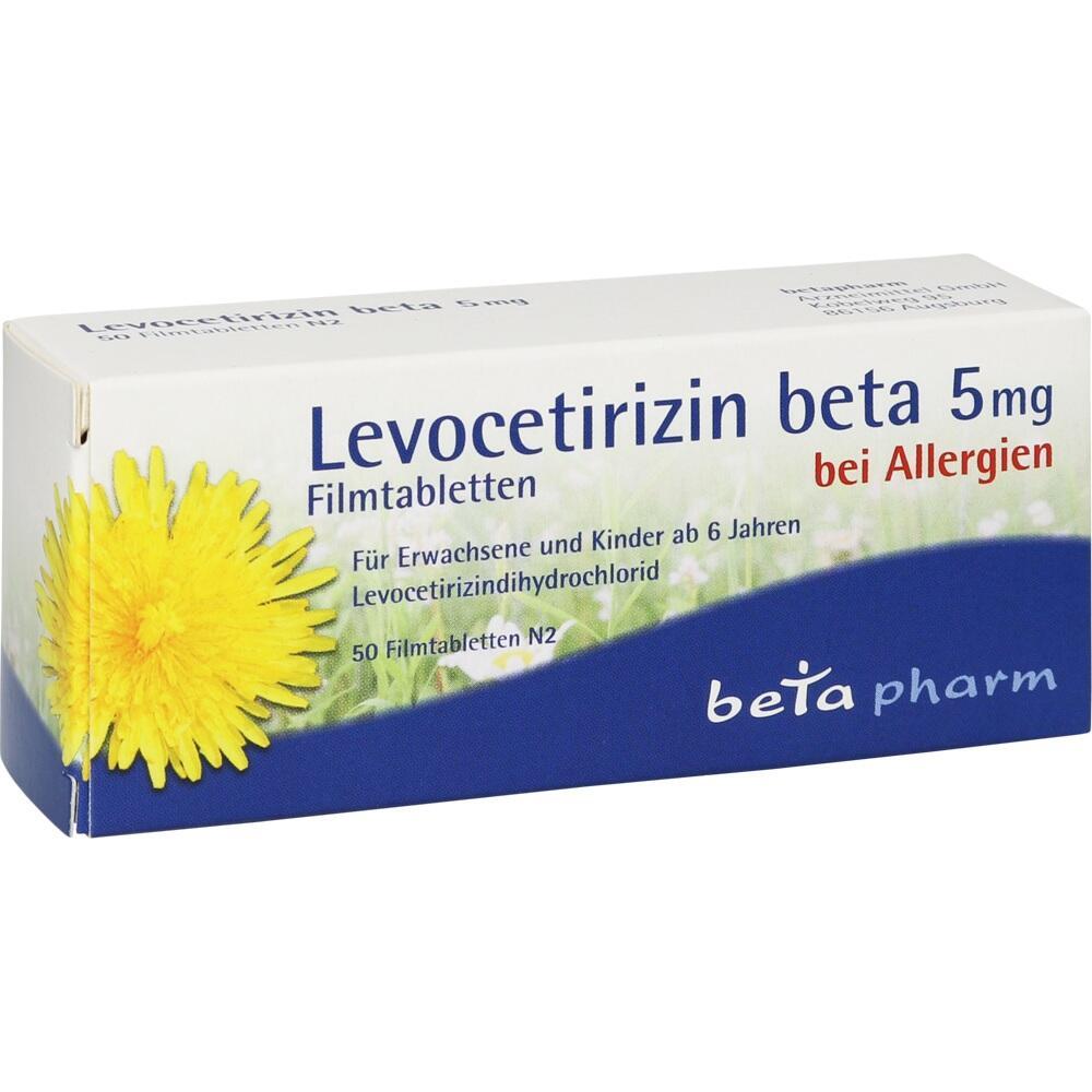 Eine Packung Levocetirizin-Tabletten gegen Allergien mit einer gelben Blume darauf.