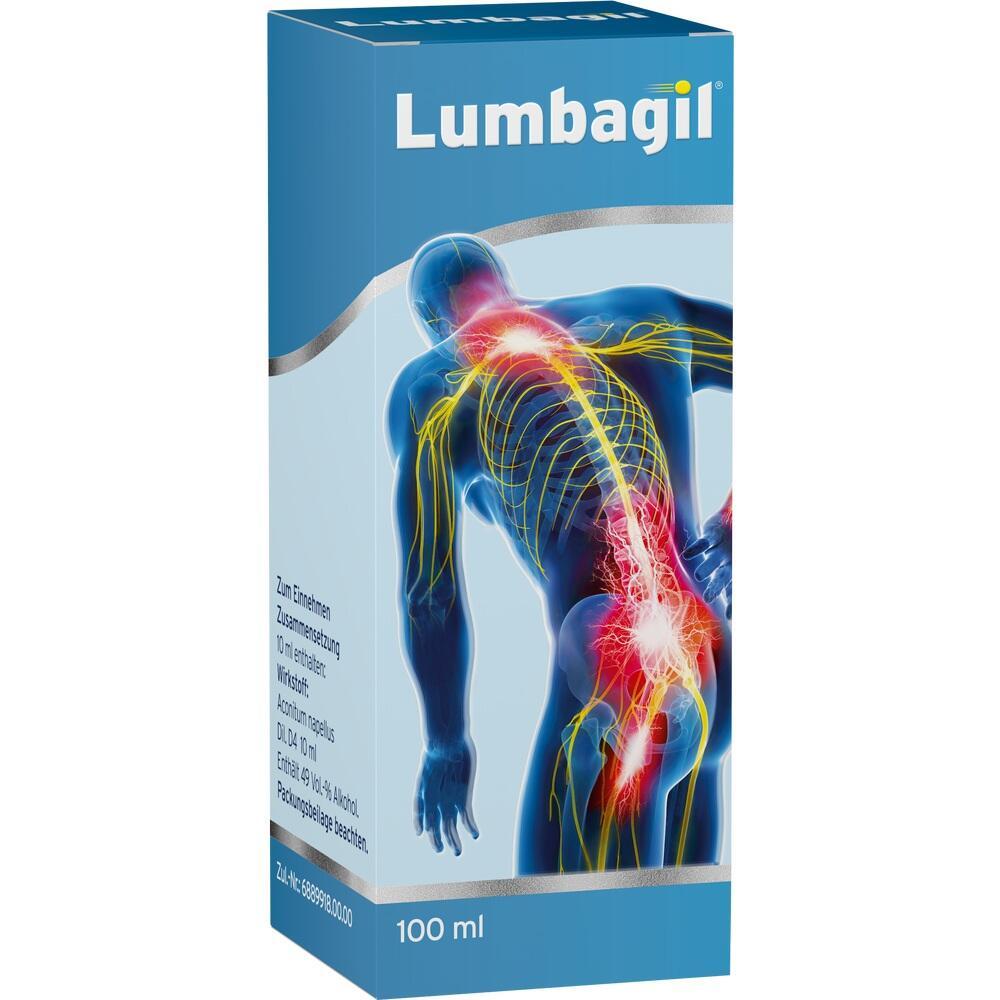 Eine blaue Verpackung mit der Aufschrift "Lumbagil" und einem Bild von Nerven am R&uuml;cken.