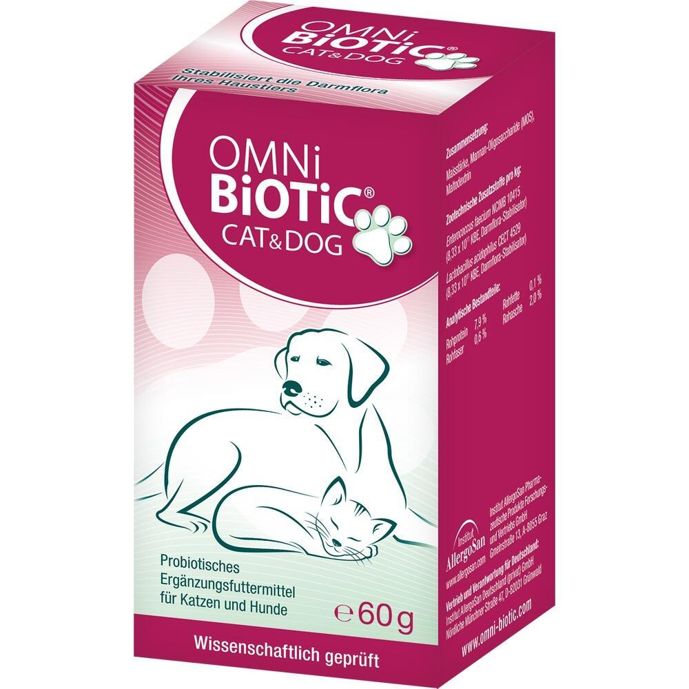 Eine Packung mit einem gezeichneten Hund und einer Katze mit dem Text "OMNi-BiOTiC CAT & DOG".