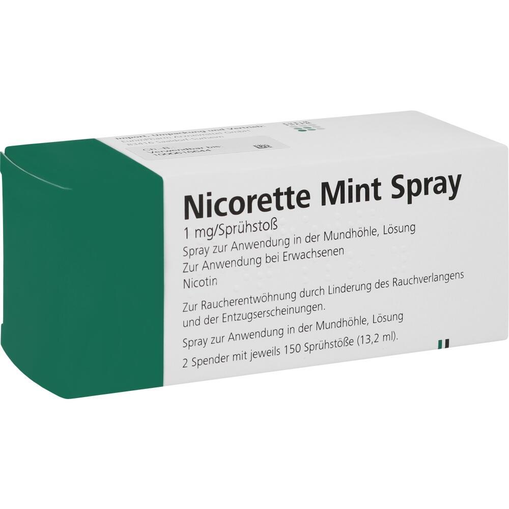 Wei&szlig;e Verpackung mit der Aufschrift "Nicorette Mint Spray" zur Raucherentw&ouml;hnung.