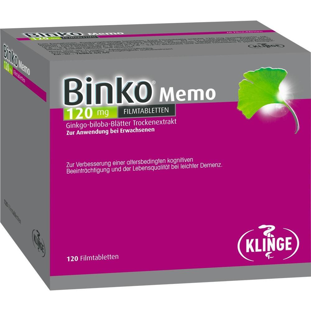 Schachtel mit Binko Memo-Tabletten, Ginkgo-biloba-Extrakt zur Verbesserung der Ged&auml;chtnisleistung.