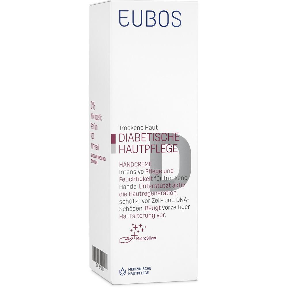 Wei&szlig;e Packung einer Handcreme f&uuml;r diabetische Hautpflege von Eubos.