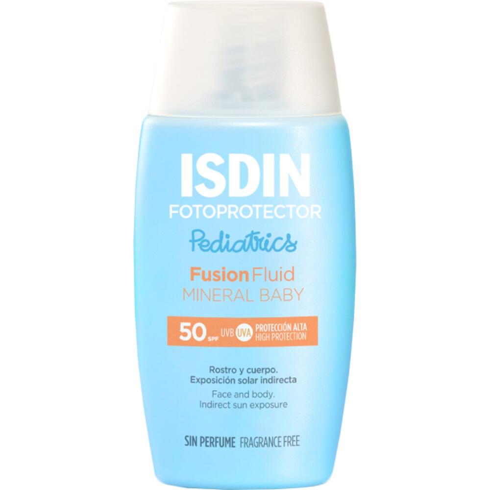 Braune Baby-Sonnencreme-Verpackung mit einem gezeichneten Baby und Lichtschutzfaktor 50.