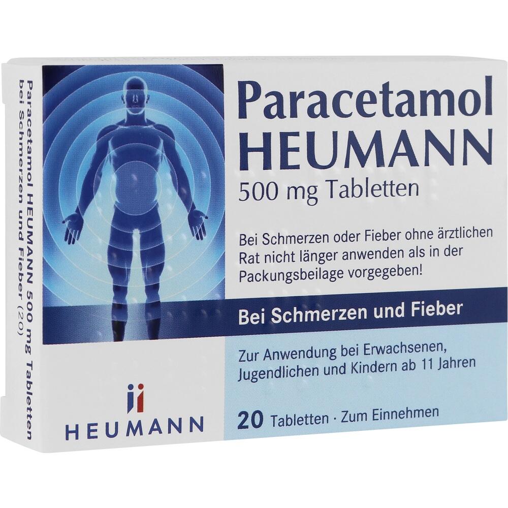 Schachtel mit Paracetamol-Tabletten gegen Schmerzen und Fieber, 500 mg, 20 Stück.