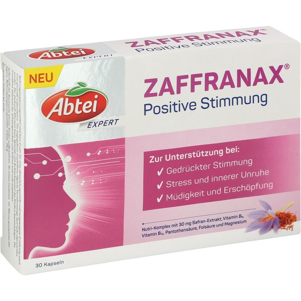 Packung von Abtei-Zaffranax f&uuml;r positive Stimmung und Stressbew&auml;ltigung.