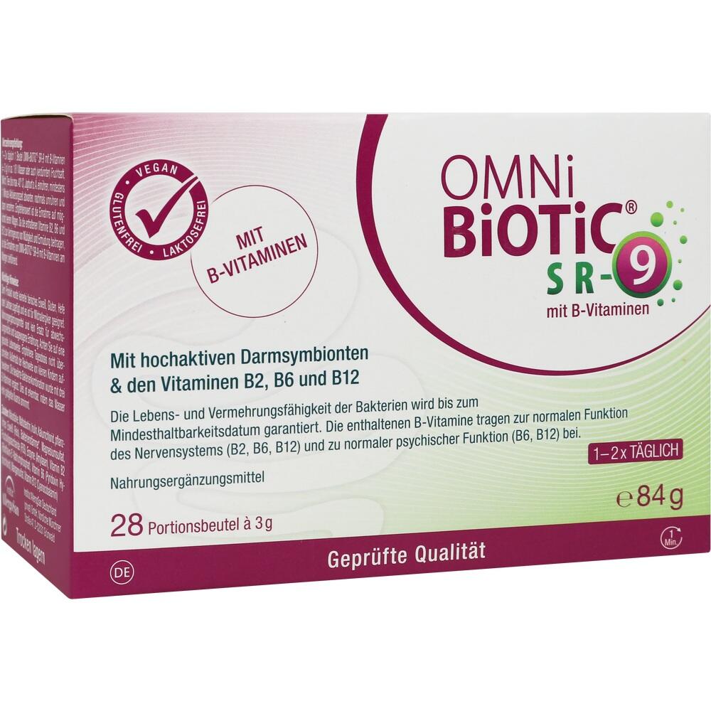 Packung von "Omni Biotic SR-9" Nahrungserg&auml;nzungsmittel mit B-Vitaminen.