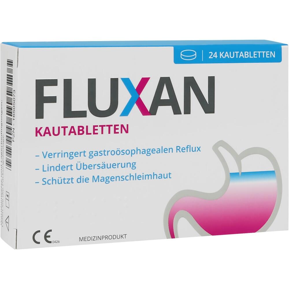 Verpackung von Fluxan-Kautabletten zur Linderung von Magenproblemen.