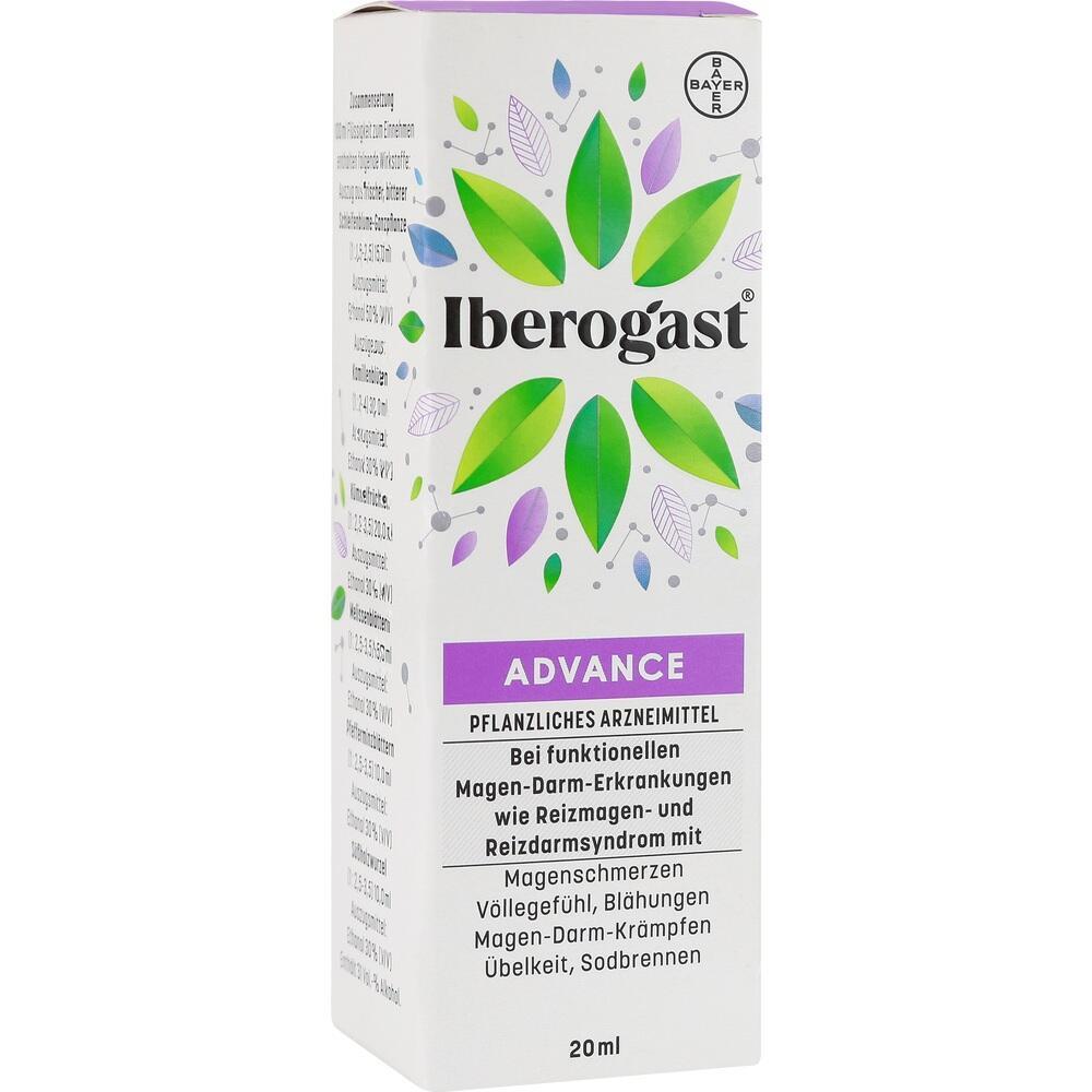 Wei&szlig;e Verpackung mit gr&uuml;nem Blattmuster und lila Streifen, darauf steht "Iberogast Advance".