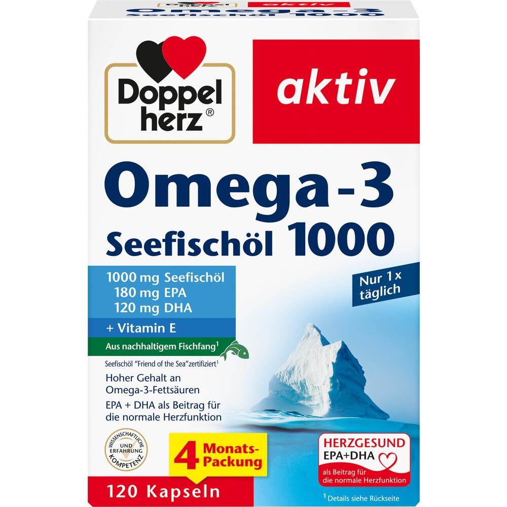 Verpackung von Omega-3-Seefisch&ouml;l-Kapseln mit einem blauen Eisberg-Bild.